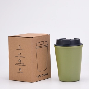 Eco-friendly 12oz double wall wheat straw coffee mug in green with black leak-proof lid