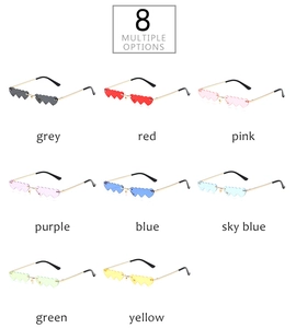 Grid view showing eight different colors of heart-shaped rimless party sunglasses