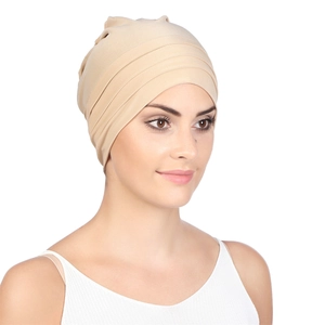 Women's beige pleated turban hat with soft elastic knit fabric for stylish hair care