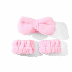 Pink coral fleece headband and wristband set for makeup application and skincare