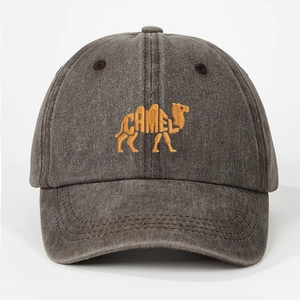 Vintage dark grey washed cotton baseball cap with yellow camel embroidery and adjustable fit