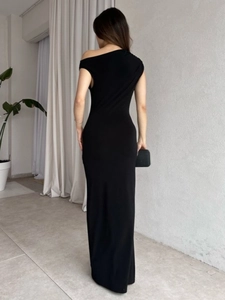 Elegant black one-shoulder slim fit maxi dress with ruched detail and side slit back view