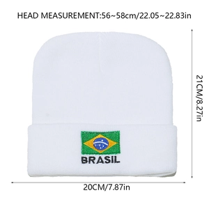 Detailed dimensions of white knit beanie with Brazil flag embroidery and measurements