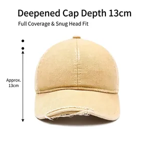 Beige distressed cotton baseball cap with ripped brim details and 13cm deep crown