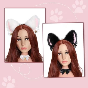 Détail du serre-tête oreilles de chat et tour de cou avec peluche douce et clochettes