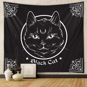 Black cat wall tapestry with mystical moon motif in a modern home decor setting