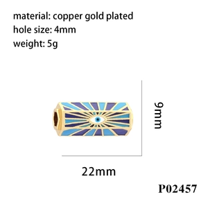 Detailed specs of copper gold plated evil eye bead with 22mm x 9mm dimensions and 4mm hole