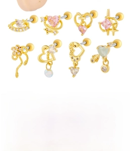 Detailed chart of gold cartilage studs with pink zircon hearts and technical dimensions