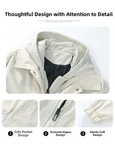 Détails de la veste à capuche avec zip métallique, poches et poignets élastiques