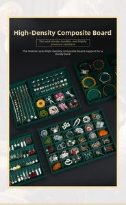 Green velvet jewelry organizers with ring slots and necklace dividers shown in four layouts