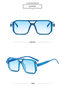 Detail view of fashion aviator sunglasses featuring blue frames and gradient blue lenses