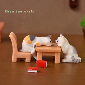 Miniature resin cat figurines set with tiny desk and chairs for micro landscape decor