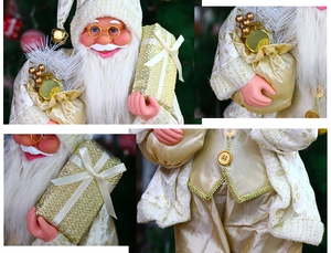 Macro views of white and gold Santa doll showing face, gift box, and embroidered robe
