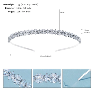 Detailed size chart for silver zirconia headband with 21g weight and 13cm diameter