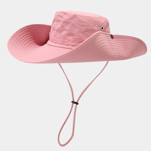 Pink wide brim fishing hat with adjustable drawstring and waterproof sun protection fabric