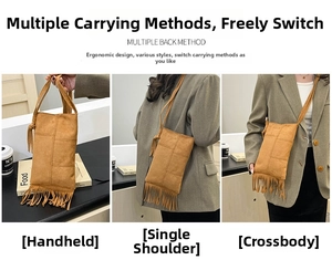Detail of brown faux suede tassel bag showing crossbody, shoulder and handheld styles