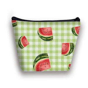Green checkered makeup bag with vibrant watermelon print and black zipper closure