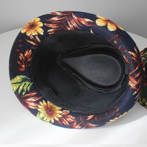 Kids vintage linen jazz hat with dark blue tropical floral print and black lining