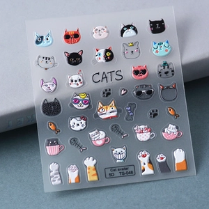Detail of 5D embossed nail stickers with 5D TS-048 cute cat icons and fishbone patterns