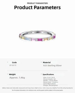 Detailed specs of S925 sterling silver ring with 5A rainbow baguette zircon stones