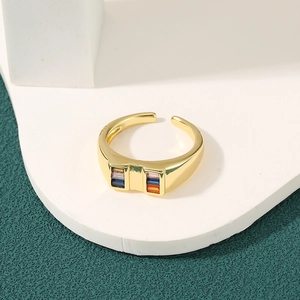 Elegant gold-plated open ring with geometric rows of colorful rainbow zircon stones
