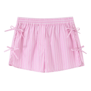 Pink striped cotton poplin shorts with side bow ties for women and kids flat lay