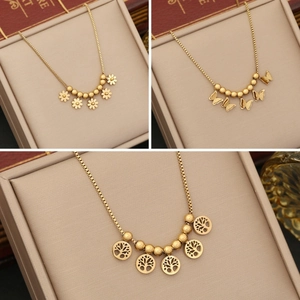 Stainless Steel Necklace Gold Plated Butterfly Flower Tree Of Life Pendant Box Chain Beaded Jewelry For Women