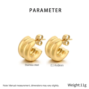 Detailed size chart for 14x9mm stainless steel gold double-hoop earrings shown in 11g