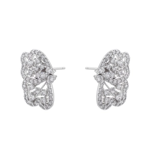 Close-up of silver butterfly earrings encrusted with sparkling cubic zirconia stones