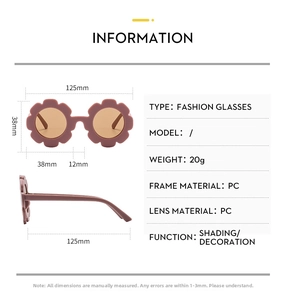 Detailed size chart for kids flower sunglasses with frame dimensions and specifications