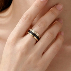 Stainless Steel Ring Carbon Fiber Inlay Multiple Zirconia Rhinestone Rows Wide Band Modern Industrial Style Jewelry Men Women