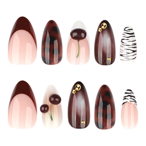 Kit nail art cerise 3D avec motifs zèbre et léopard sur faux ongles de forme amande
