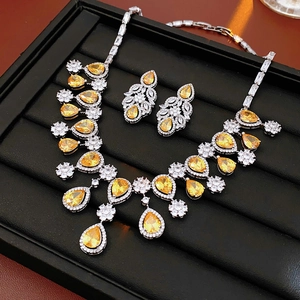 Detailed view of silver necklace and earrings with yellow pear-shaped zircon stones