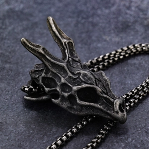 Vintage stainless steel dragon skull necklace with dark grey gothic pendant and silver chain