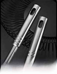 Detail of thickened stainless steel handles with round hanging holes and non-slip rivets