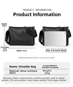 Detailed size chart showing the 31x22x8cm capacity of the black crossbody shoulder bag