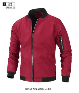 Detail of dark red bomber jacket showing ribbed collar, silver zipper and sleeve pocket