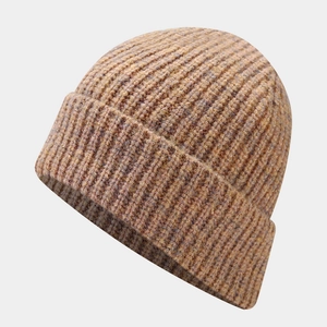 Detailed view of khaki ribbed knit beanie with colorful flecks and thick folded brim