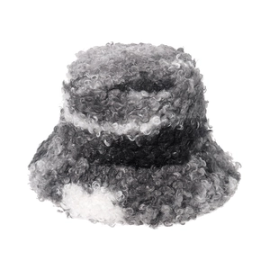 Winter warm sherpa fleece bucket hat with black and white marble textured tie-dye pattern