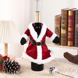 Christmas Santa suit wine bottle cover in red velvet with white fur trim and black belt
