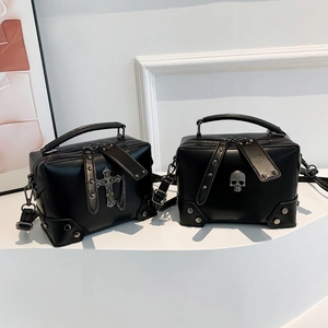 Black Y2K punk style square handbags with metallic cross and skull charms for women