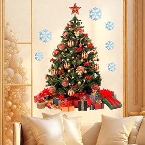Detailed Christmas tree wall sticker with gift boxes and snowflakes in a cozy living room