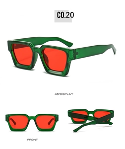Detail view of square green sunglasses with red lenses from multiple angles and positions
