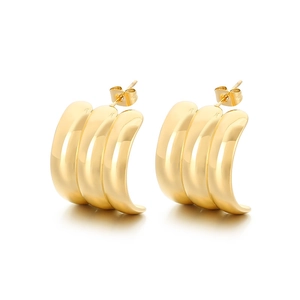Minimalist 18K gold-plated stainless steel triple hoop stud earrings for women
