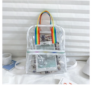 Detail of transparent PVC backpack featuring colorful rainbow straps and a front pocket