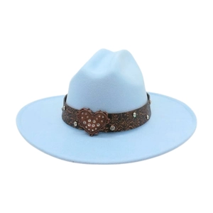 Close-up of light blue wide brim felt hat with embossed leather band and crystal heart buckle