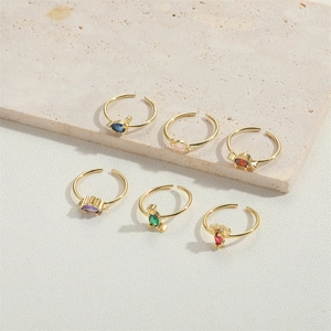 Detailed set of six 14K gold plated adjustable rings with colorful zircon animal designs