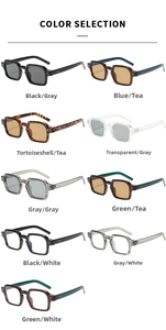 Color selection of retro square sunglasses in black, tortoiseshell, and transparent frames