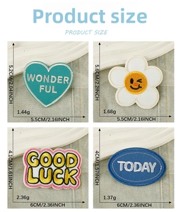 Size chart showing exact dimensions and weight for four cartoon embroidery patches
