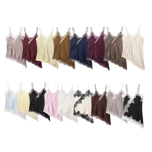 Patchwork lace camisole tops in multiple colors displayed in a flat lay matrix on white back
